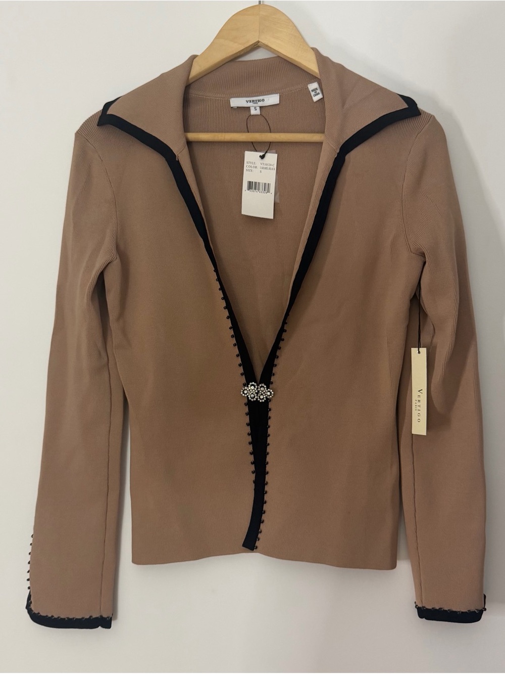 Vertigo Paris Taupe Jacket with Black Trim and Rhinestone Closure